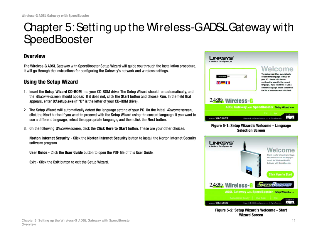 Cisco Systems WAG54GS (EU) manual Setting up the Wireless-G Adsl Gateway with SpeedBooster, Using the Setup Wizard 