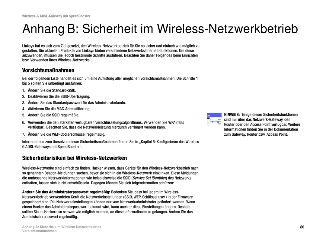 Cisco Systems WAG54GS (EU) manual Anhang B Sicherheit im Wireless-Netzwerkbetrieb, Vorsichtsmaßnahmen 