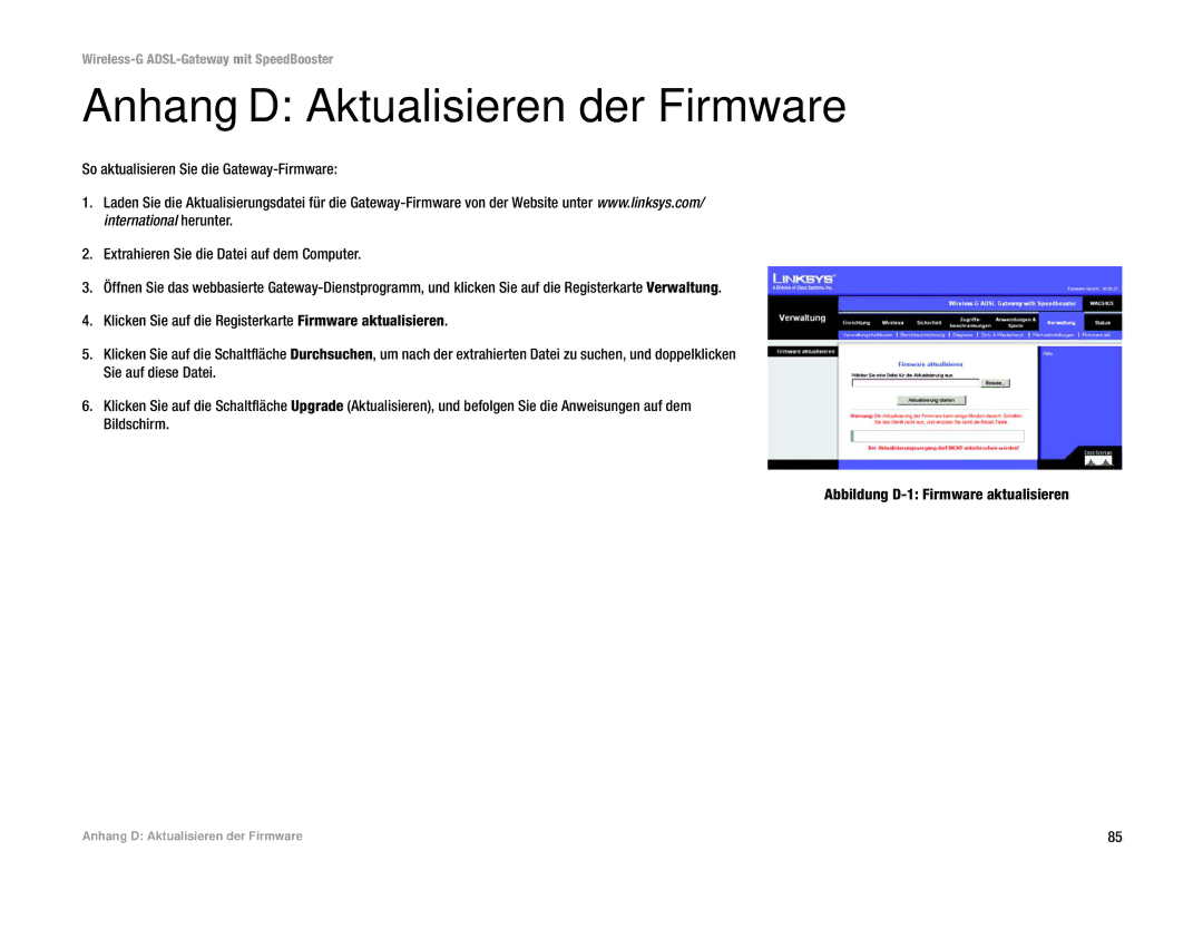 Cisco Systems WAG54GS (EU) manual Anhang D Aktualisieren der Firmware 