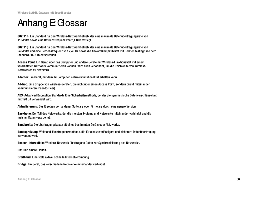 Cisco Systems WAG54GS (EU) manual Anhang E Glossar 