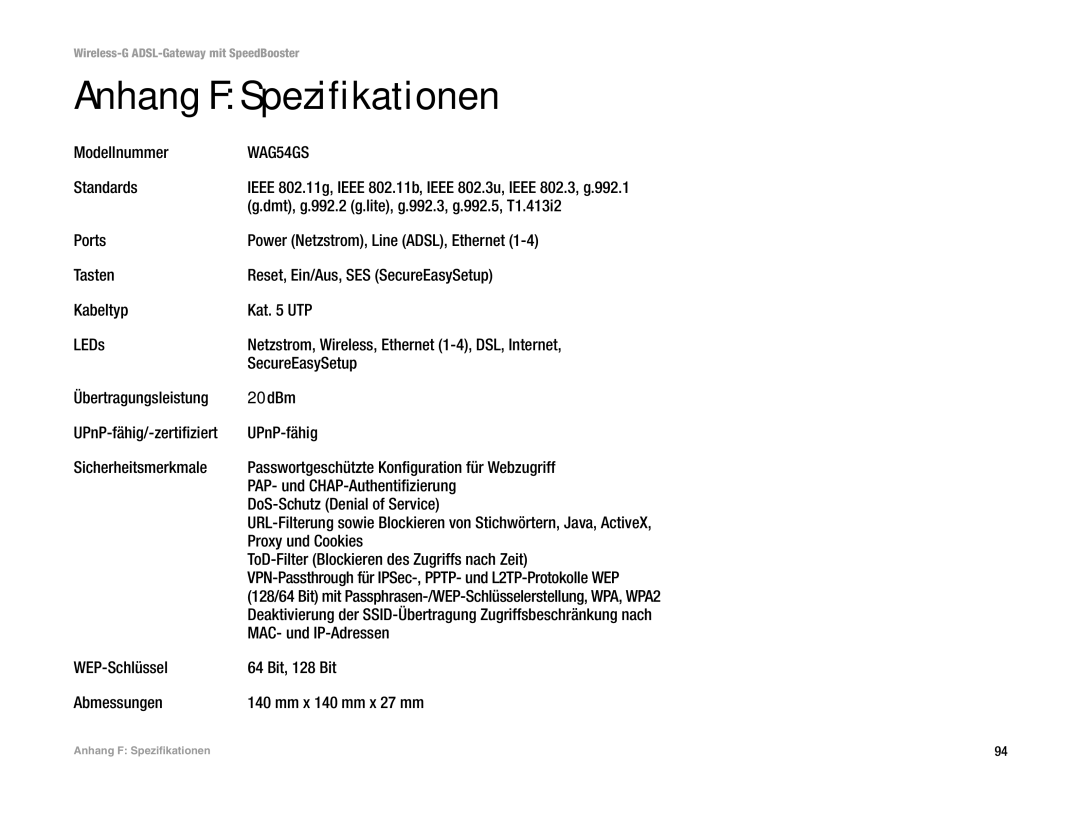 Cisco Systems WAG54GS (EU) manual Anhang F Spezifikationen 