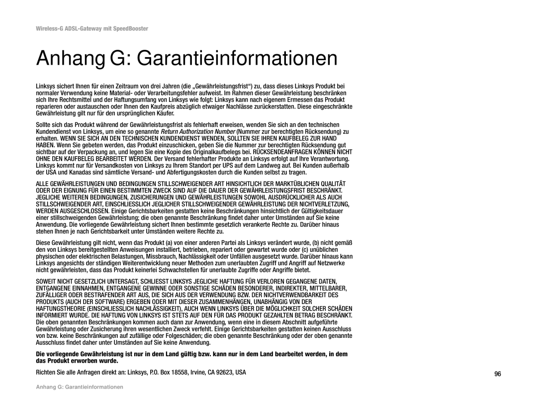 Cisco Systems WAG54GS (EU) manual Anhang G Garantieinformationen 