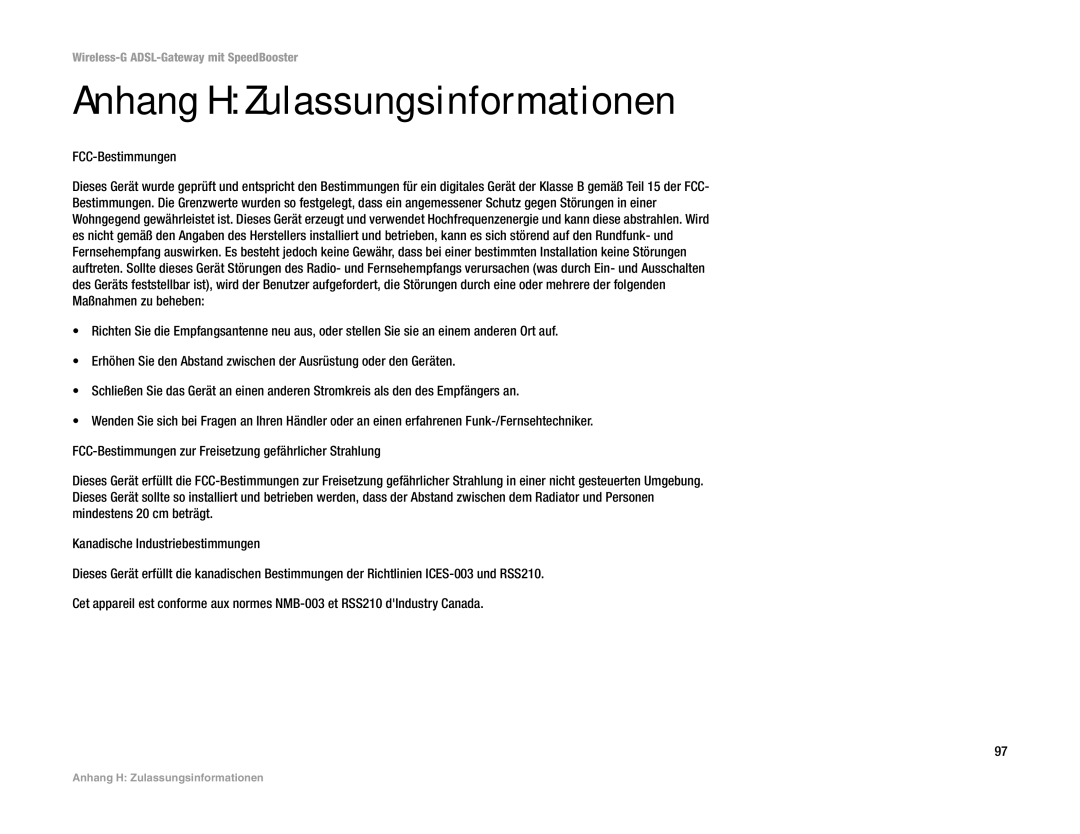 Cisco Systems WAG54GS (EU) manual Anhang H Zulassungsinformationen, FCC-Bestimmungen 