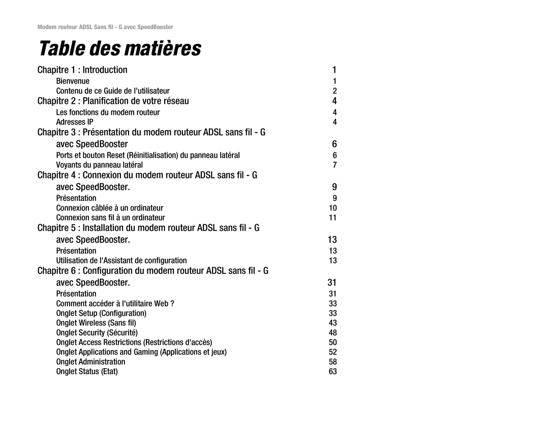 Cisco Systems WAG54GS (EU) manual Table des matières, Chapitre 1 Introduction, Chapitre 2 Planification de votre réseau 