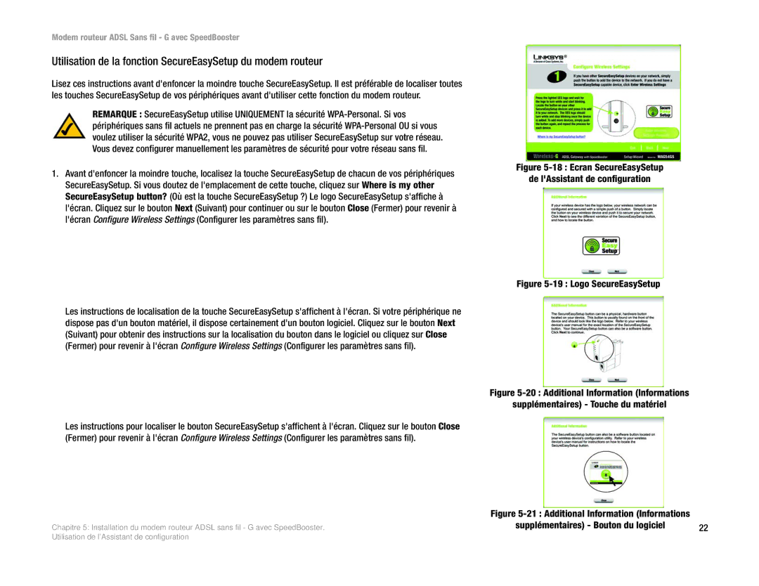 Cisco Systems WAG54GS (EU) manual Utilisation de la fonction SecureEasySetup du modem routeur 