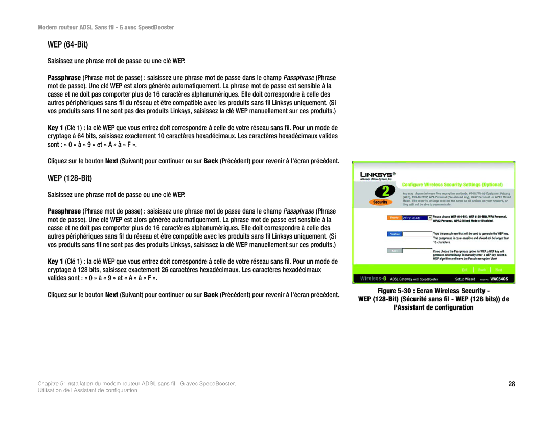 Cisco Systems WAG54GS (EU) manual WEP 64-Bit, Saisissez une phrase mot de passe ou une clé WEP 