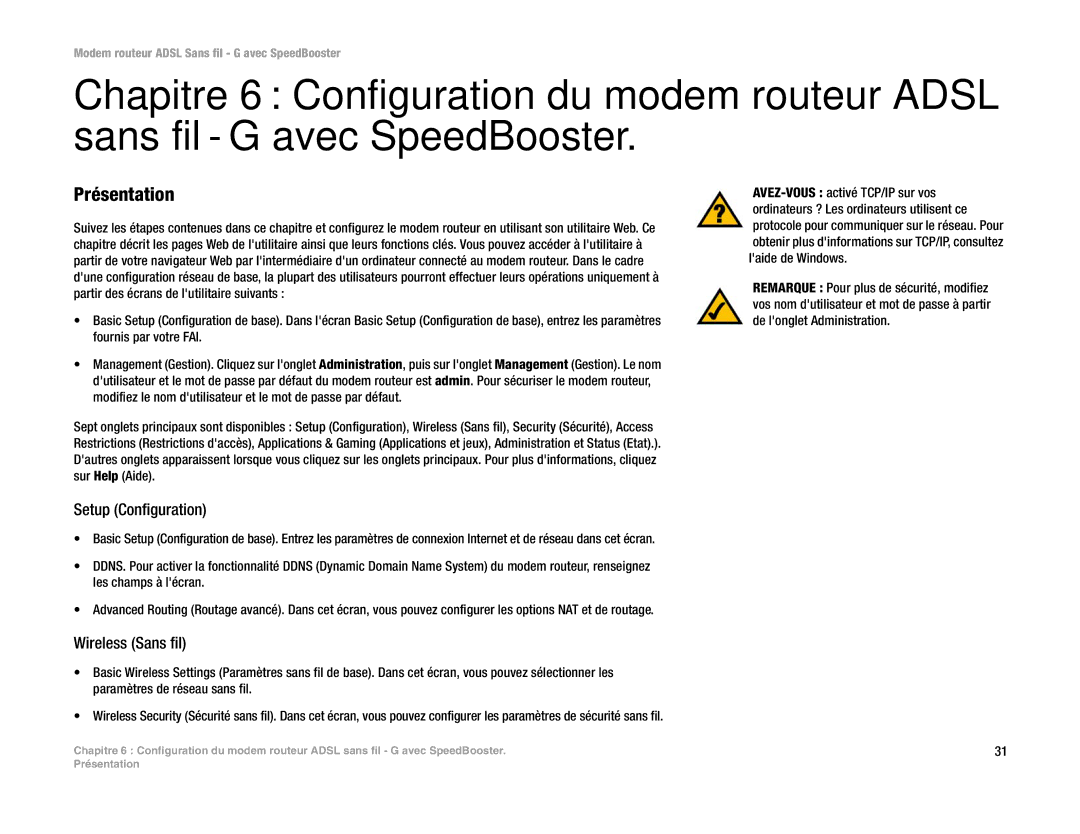 Cisco Systems WAG54GS (EU) manual Présentation, Setup Configuration 