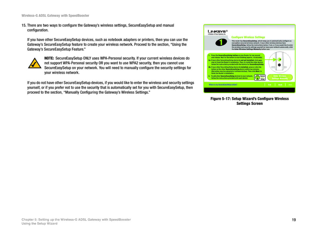 Cisco Systems WAG54GS (EU) manual Setup Wizard’s Configure Wireless Settings Screen 