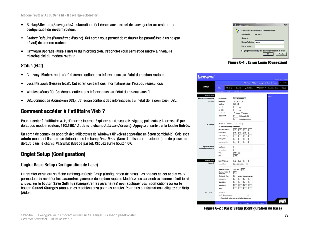 Cisco Systems WAG54GS (EU) manual Comment accéder à lutilitaire Web ?, Onglet Setup Configuration, Status Etat 