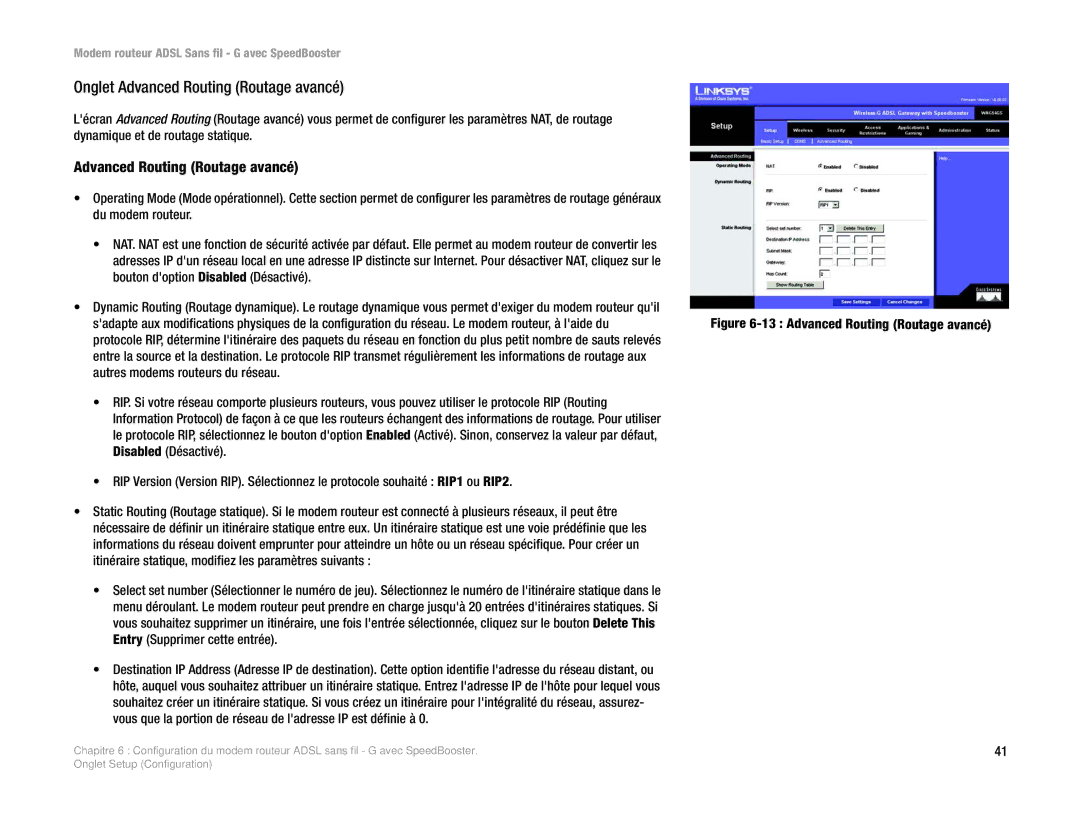 Cisco Systems WAG54GS (EU) manual Onglet Advanced Routing Routage avancé 