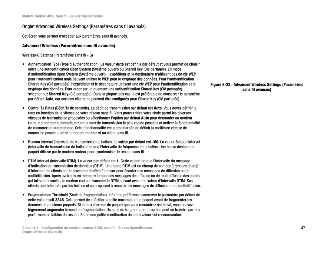 Cisco Systems WAG54GS (EU) manual Advanced Wireless Paramètres sans fil avancés, Wireless-G Settings Paramètres sans fil G 