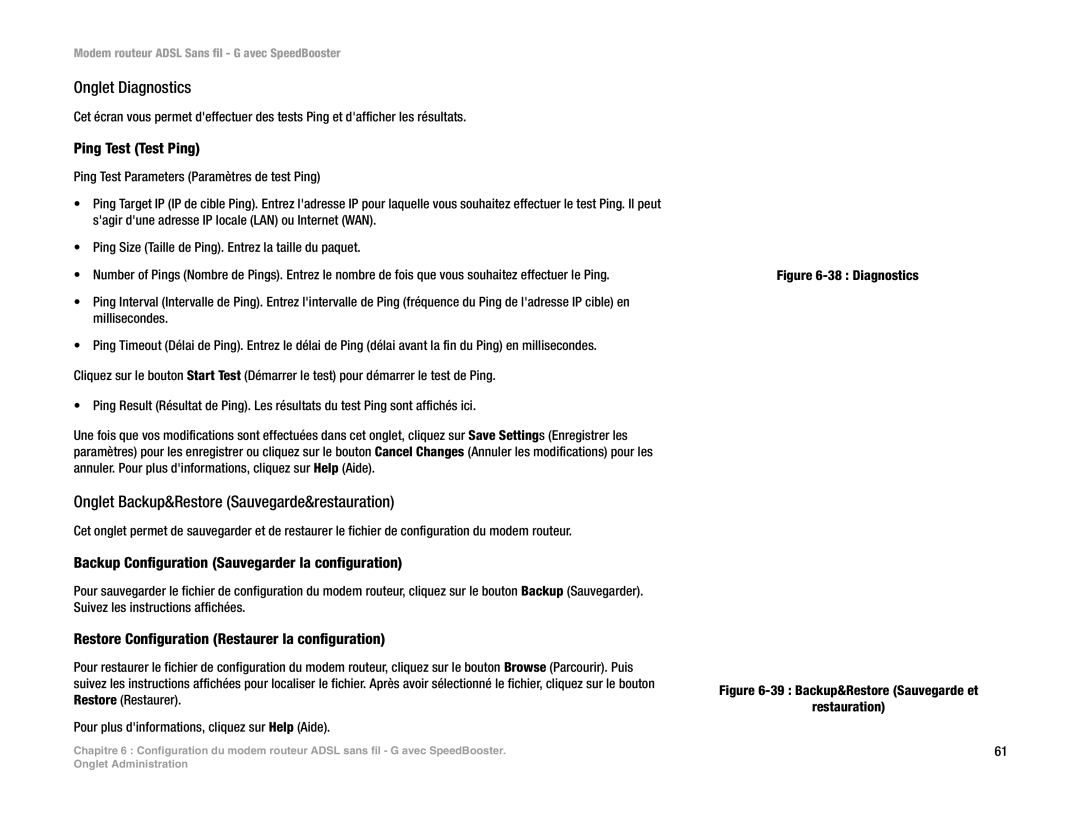 Cisco Systems WAG54GS (EU) manual Onglet Diagnostics, Onglet Backup&Restore Sauvegarde&restauration, Ping Test Test Ping 