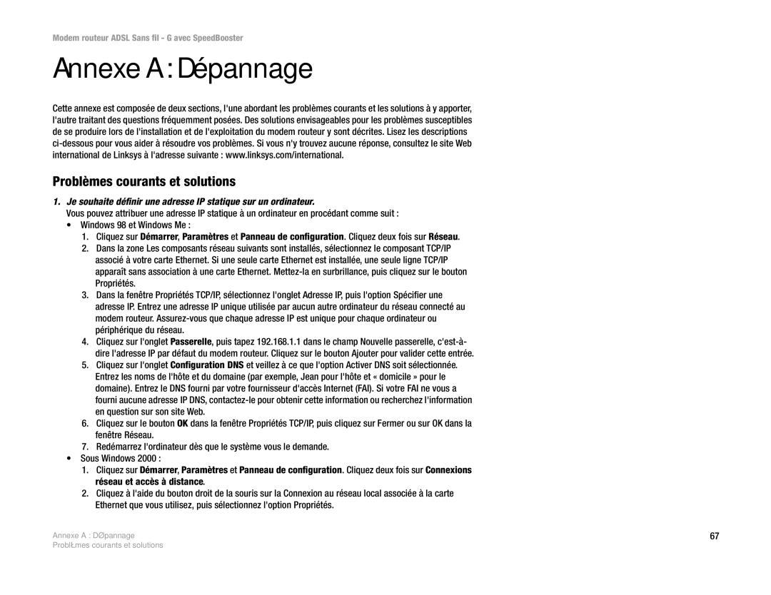 Cisco Systems WAG54GS (EU) manual Annexe a Dépannage, Problèmes courants et solutions 