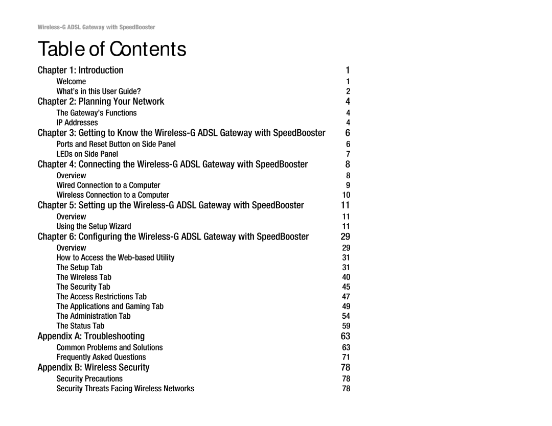 Cisco Systems WAG54GS (EU) manual Table of Contents 