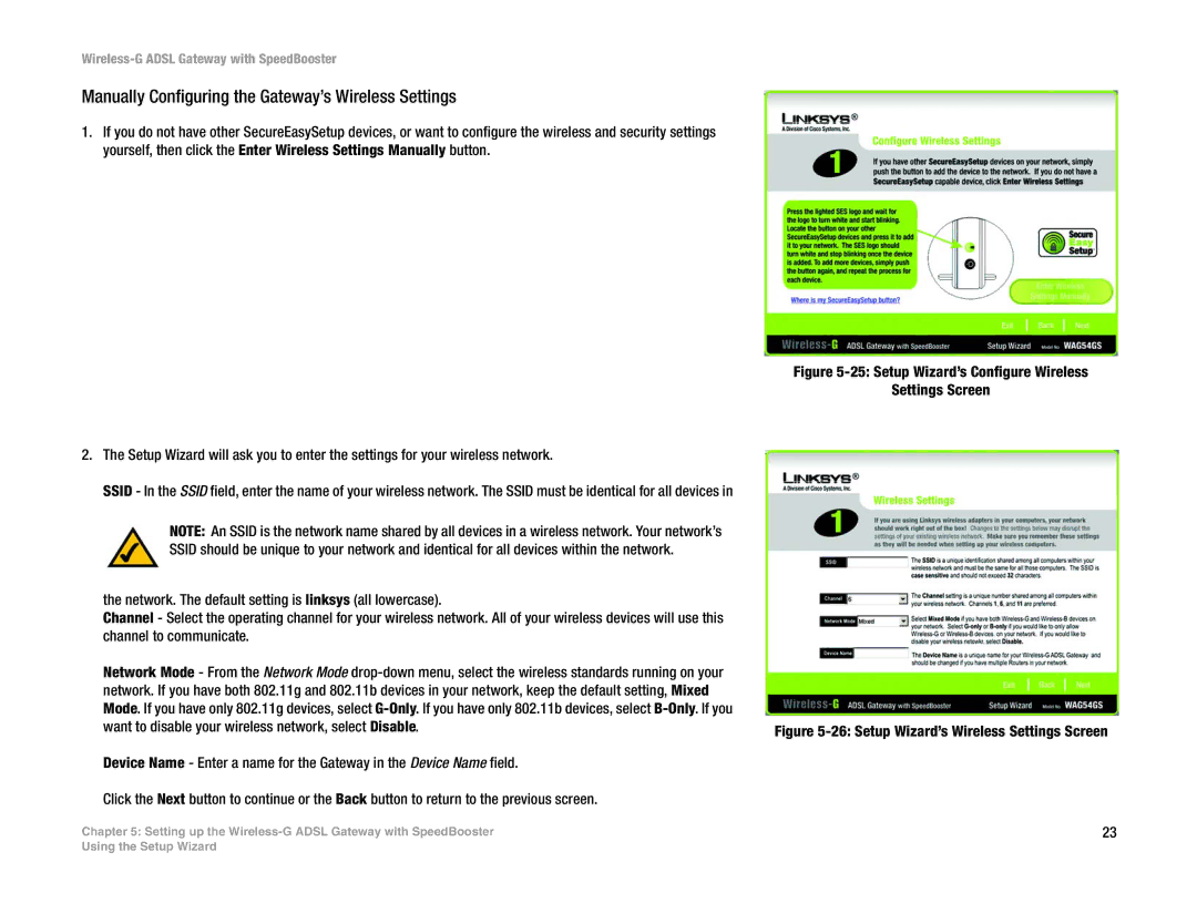 Cisco Systems WAG54GS (EU) manual Manually Configuring the Gateway’s Wireless Settings 