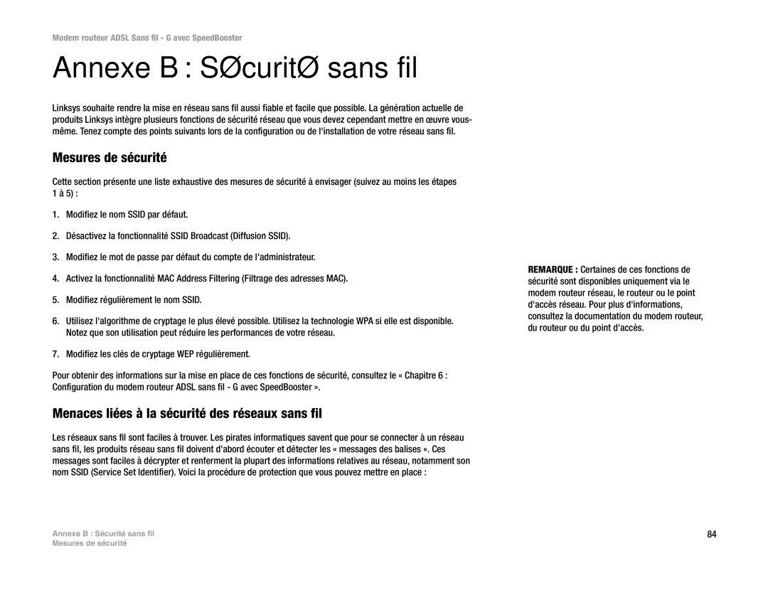 Cisco Systems WAG54GS (EU) manual Annexe B Sécurité sans fil, Mesures de sécurité 