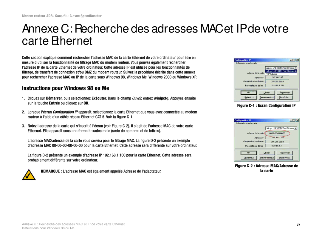 Cisco Systems WAG54GS (EU) manual Instructions pour Windows 98 ou Me, Figure C-1 Ecran Configuration IP 