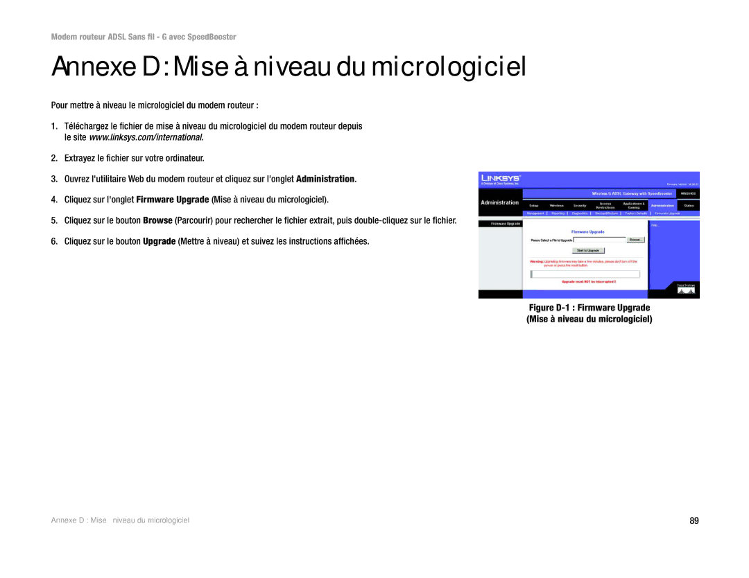 Cisco Systems WAG54GS (EU) manual Annexe D Mise à niveau du micrologiciel 