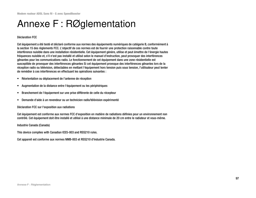 Cisco Systems WAG54GS (EU) manual Annexe F Réglementation, Déclaration FCC 