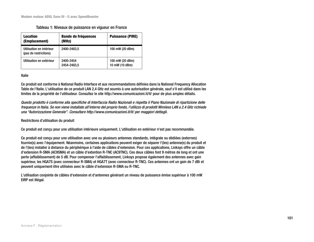 Cisco Systems WAG54GS (EU) manual Tableau 1 Niveaux de puissance en vigueur en France 