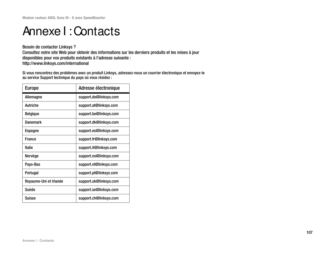 Cisco Systems WAG54GS (EU) manual Annexe I Contacts, Europe Adresse électronique, Besoin de contacter Linksys ? 