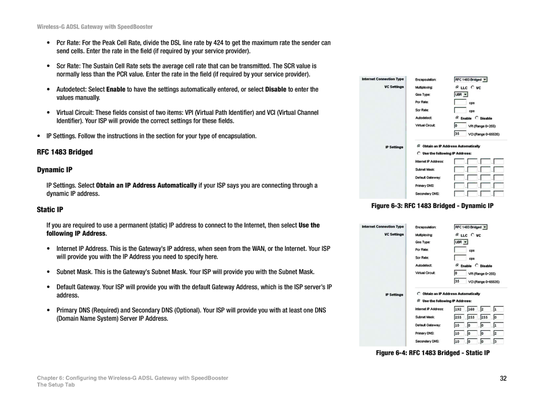 Cisco Systems WAG54GS (EU) manual RFC 1483 Bridged Dynamic IP, Static IP 