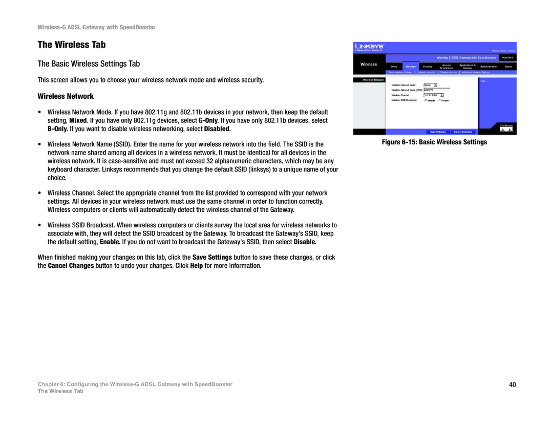 Cisco Systems WAG54GS (EU) manual Wireless Tab, Basic Wireless Settings Tab, Wireless Network 