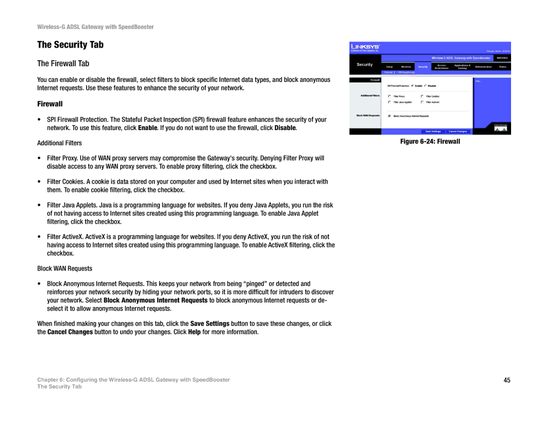 Cisco Systems WAG54GS (EU) manual Security Tab, Firewall Tab, Additional Filters 