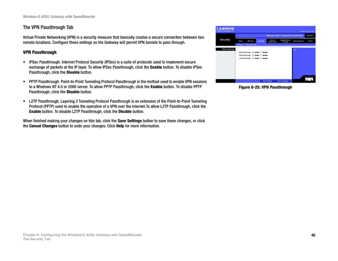 Cisco Systems WAG54GS (EU) manual VPN Passthrough Tab 