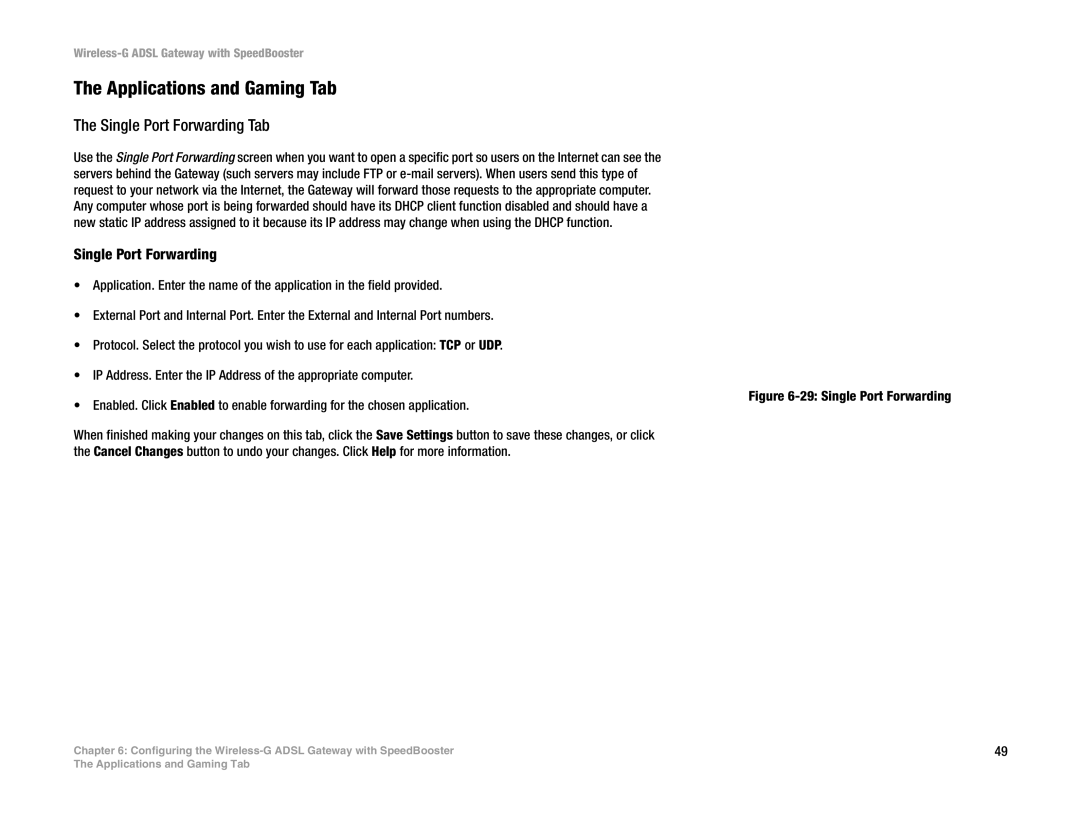 Cisco Systems WAG54GS (EU) manual Applications and Gaming Tab, Single Port Forwarding Tab 