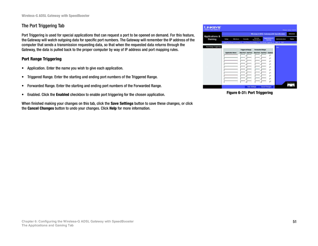 Cisco Systems WAG54GS (EU) manual Port Triggering Tab, Port Range Triggering 