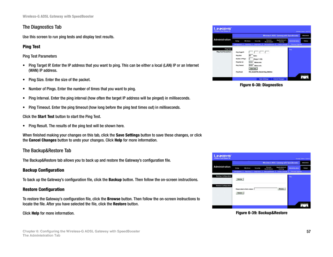 Cisco Systems WAG54GS (EU) Diagnostics Tab, Backup&Restore Tab, Ping Test, Backup Configuration, Restore Configuration 