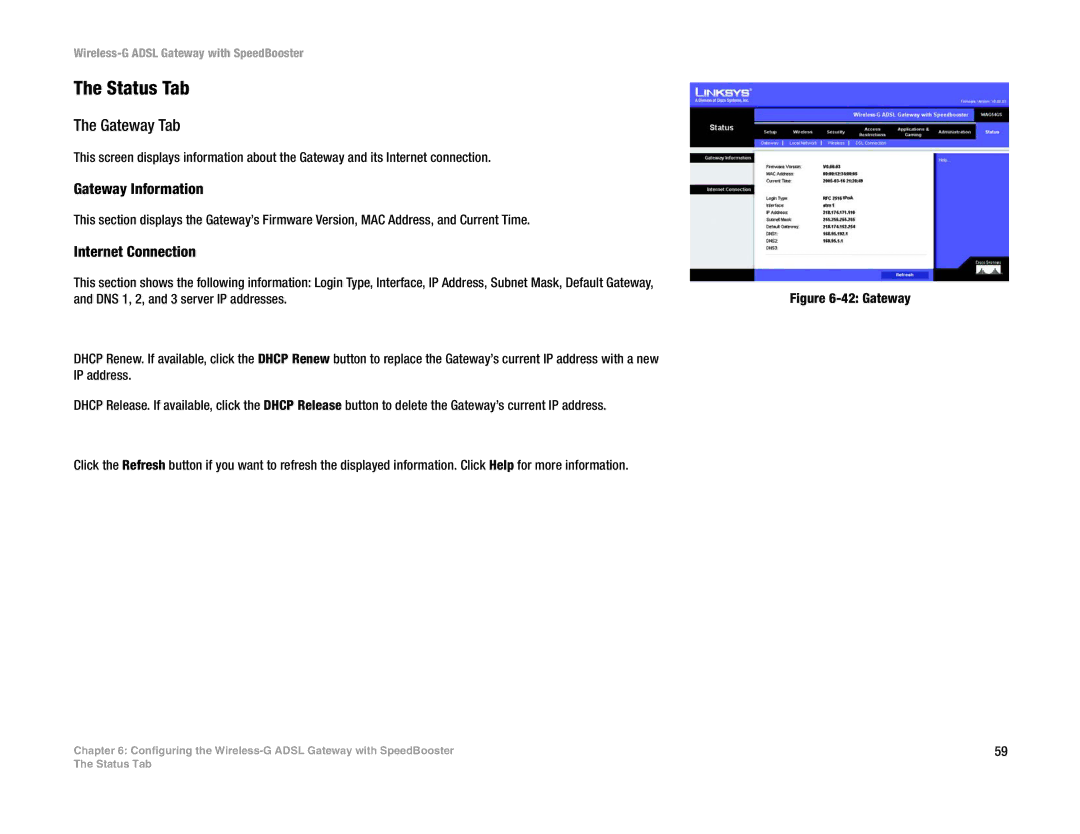 Cisco Systems WAG54GS (EU) manual Status Tab, Gateway Tab, Gateway Information, Internet Connection 