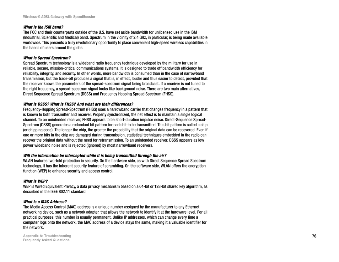 Cisco Systems WAG54GS (EU) manual What is the ISM band?, What is Spread Spectrum?, What is WEP?, What is a MAC Address? 