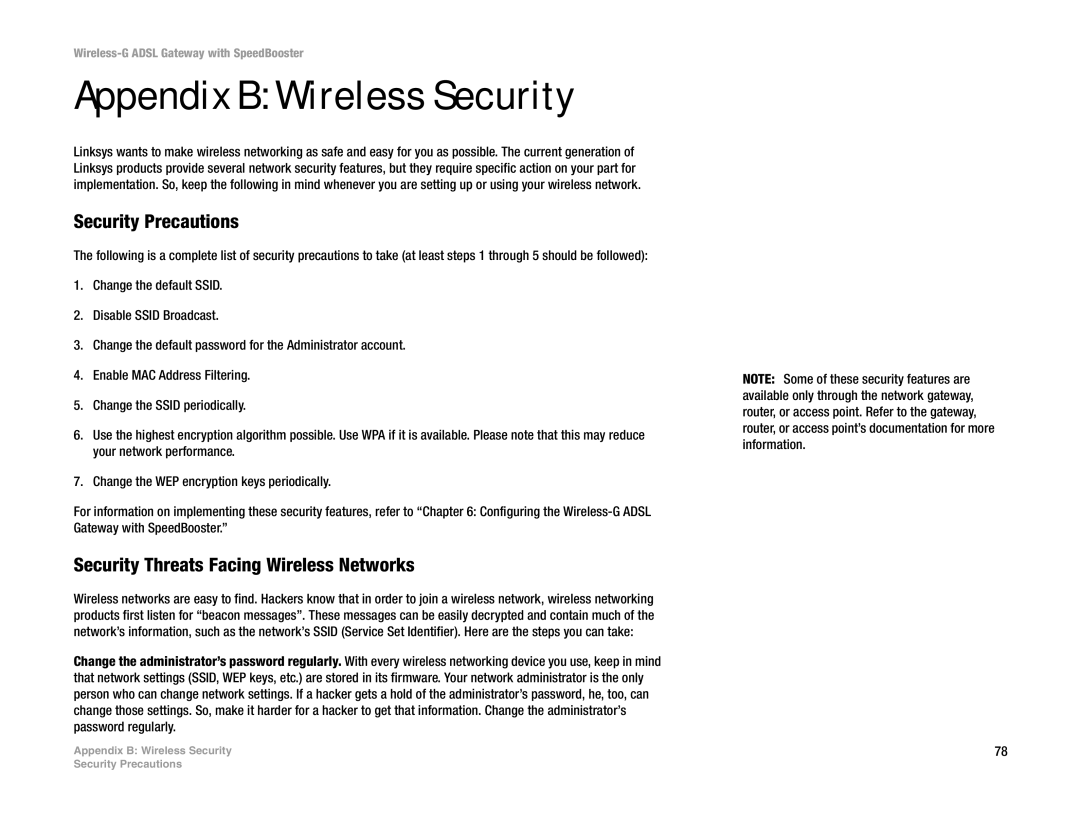 Cisco Systems WAG54GS (EU) Appendix B Wireless Security, Security Precautions, Security Threats Facing Wireless Networks 