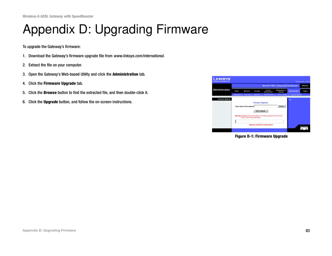 Cisco Systems WAG54GS (EU) manual Appendix D Upgrading Firmware, Figure D-1 Firmware Upgrade 