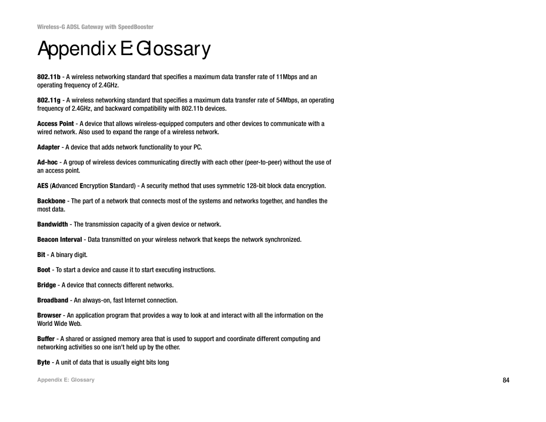 Cisco Systems WAG54GS (EU) manual Appendix E Glossary 