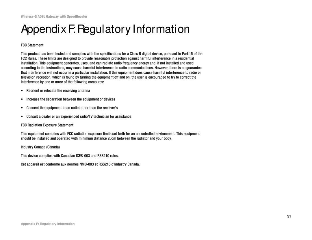 Cisco Systems WAG54GS (EU) manual Appendix F Regulatory Information, FCC Statement 