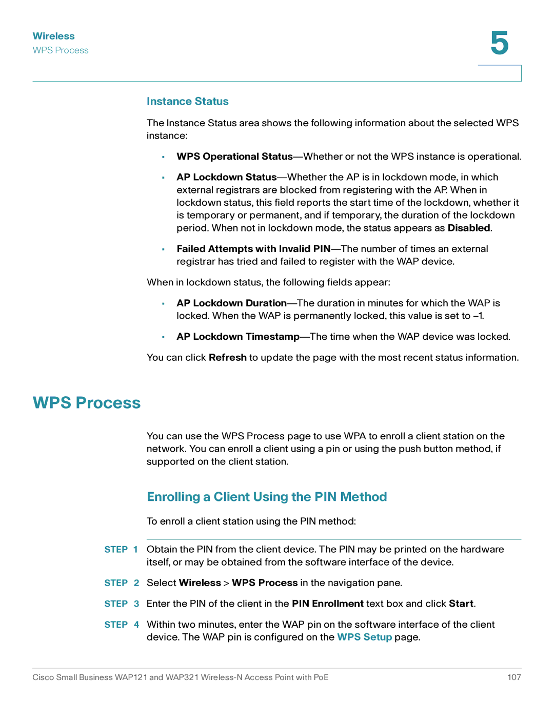 Cisco Systems WAP321, WAP121 manual WPS Process, Enrolling a Client Using the PIN Method, Instance Status 