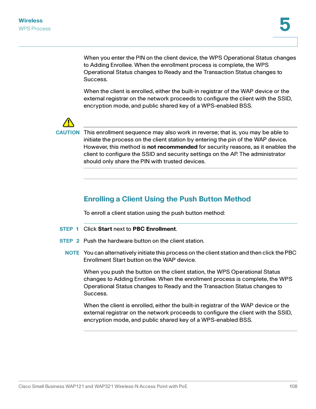 Cisco Systems WAP121, WAP321 manual Enrolling a Client Using the Push Button Method, Click Start next to PBC Enrollment 