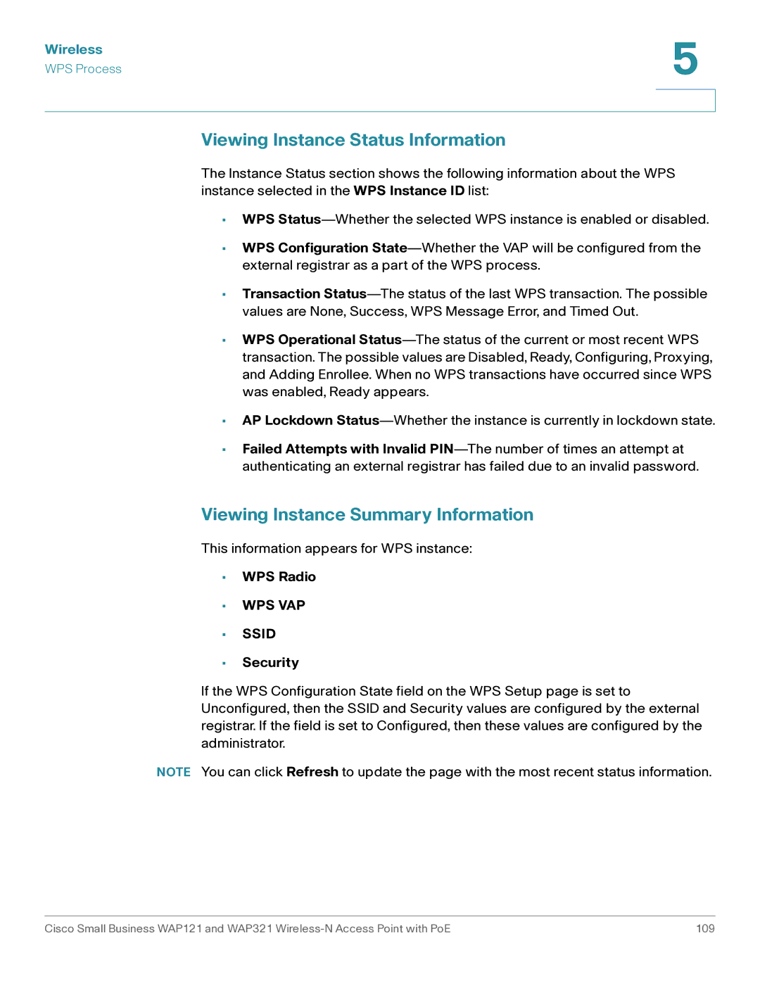 Cisco Systems WAP321 manual Viewing Instance Status Information, Viewing Instance Summary Information, WPS Radio, Security 