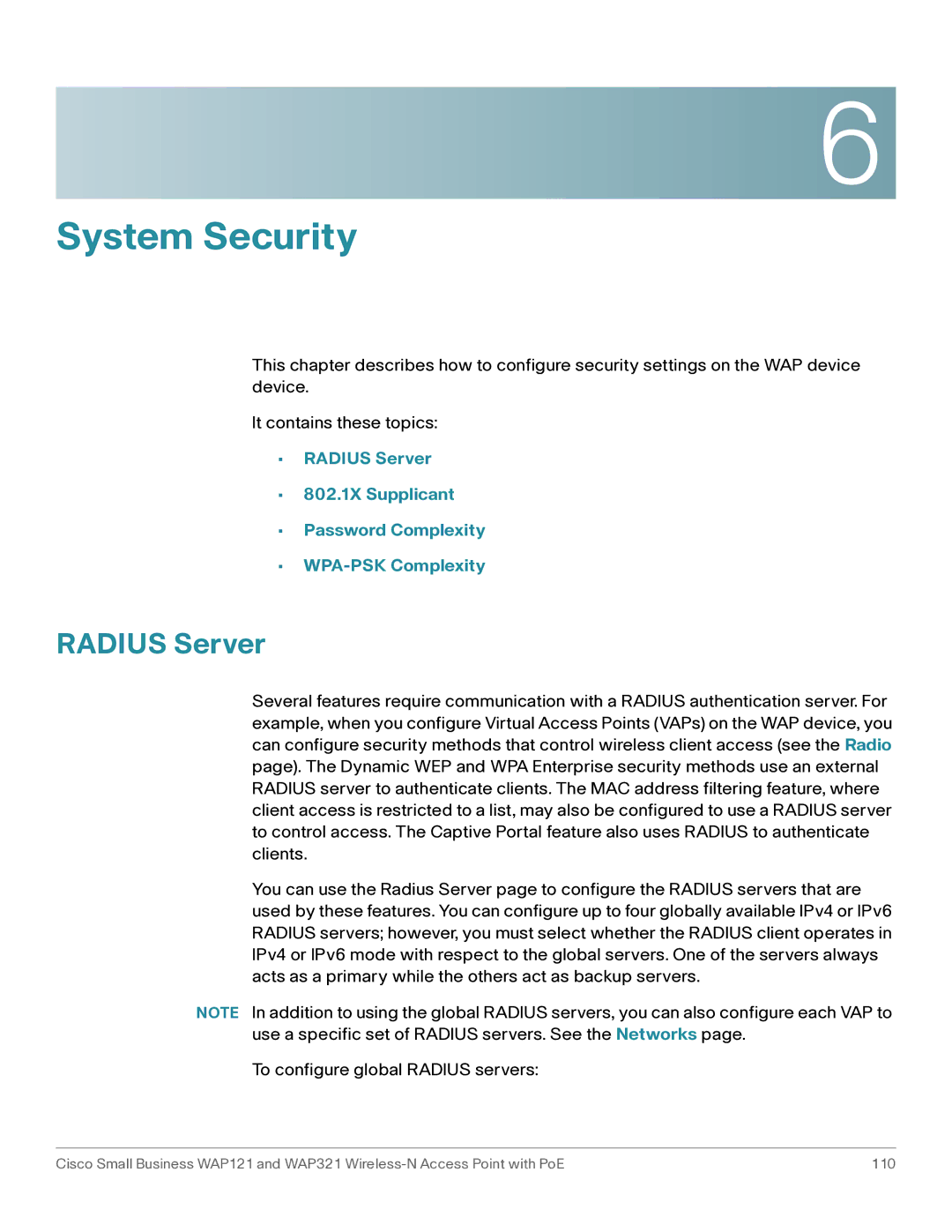 Cisco Systems WAP121, WAP321 manual System Security, Radius Server 