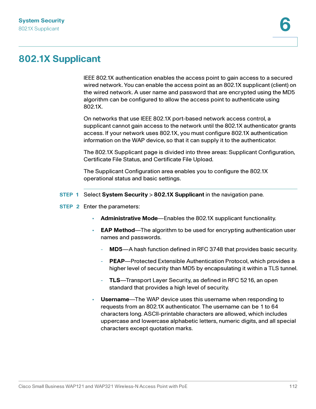 Cisco Systems WAP121, WAP321 manual 802.1X Supplicant 