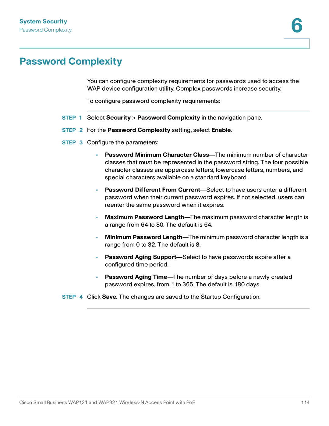 Cisco Systems WAP121, WAP321 manual For the Password Complexity setting, select Enable 