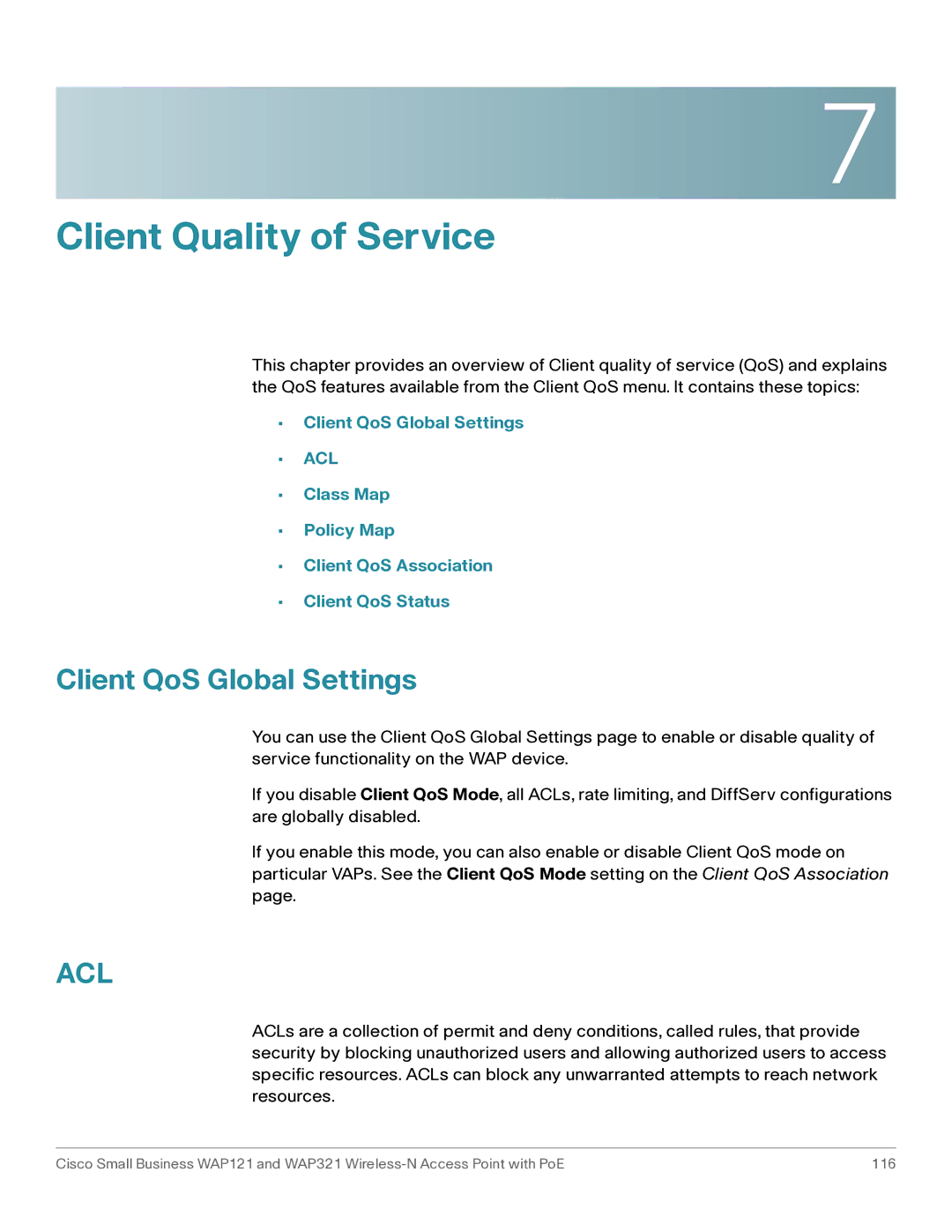 Cisco Systems WAP121, WAP321 manual Client QoS Global Settings 