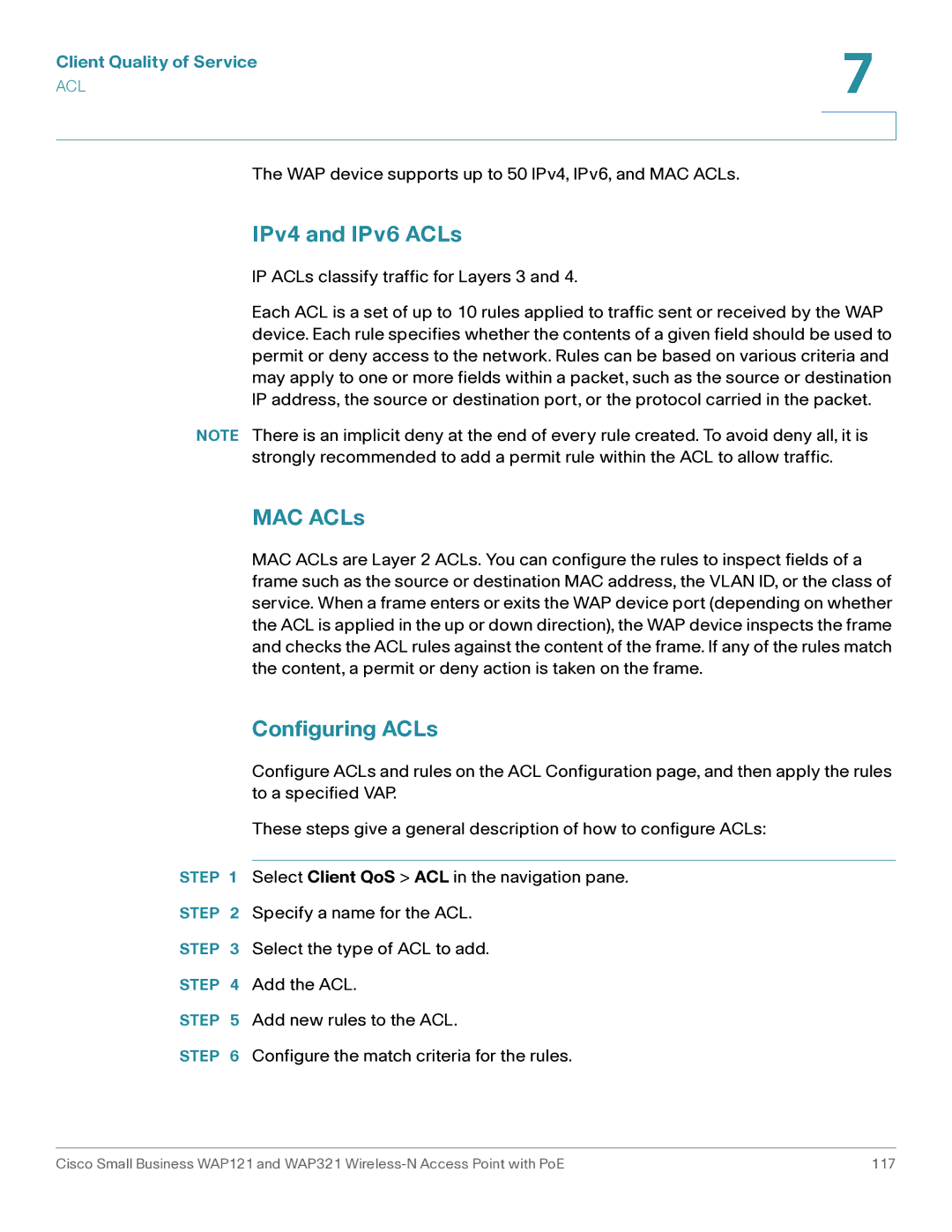 Cisco Systems WAP321, WAP121 manual IPv4 and IPv6 ACLs, MAC ACLs, Configuring ACLs, Client Quality of Service 