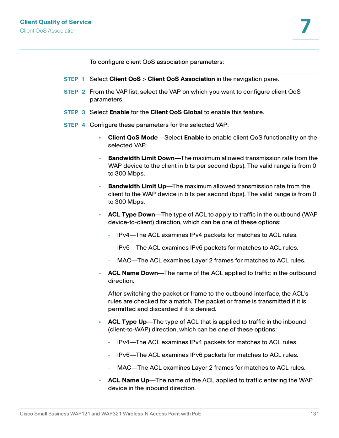 Cisco Systems WAP321, WAP121 manual To configure client QoS association parameters 