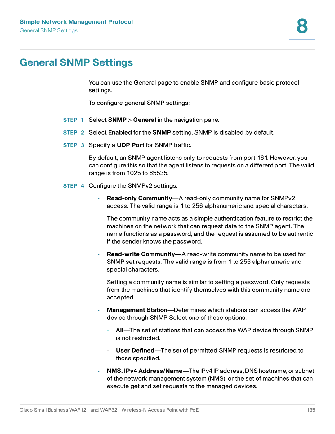 Cisco Systems WAP321, WAP121 manual General Snmp Settings, Simple Network Management Protocol 