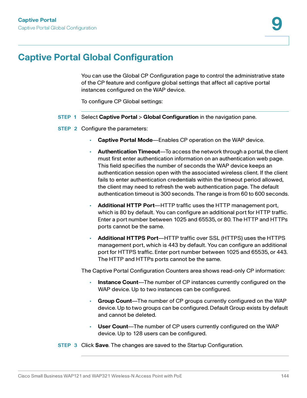 Cisco Systems WAP121, WAP321 manual Captive Portal Global Configuration 