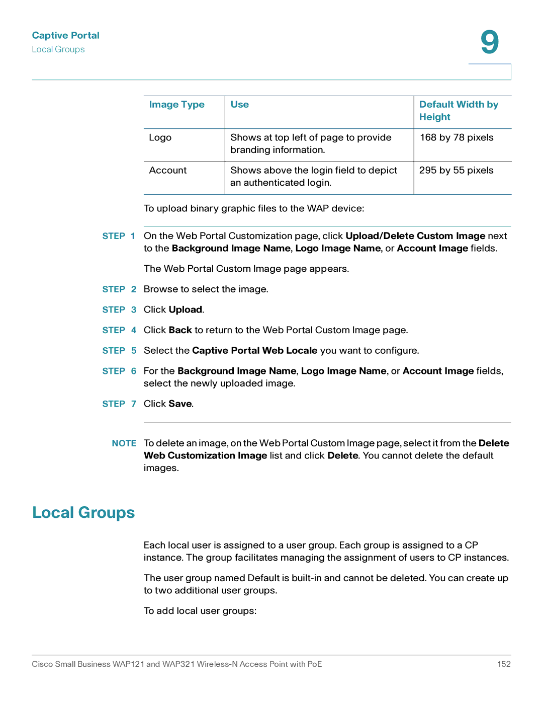 Cisco Systems WAP121, WAP321 manual Local Groups, Image Type Use Default Width by Height 